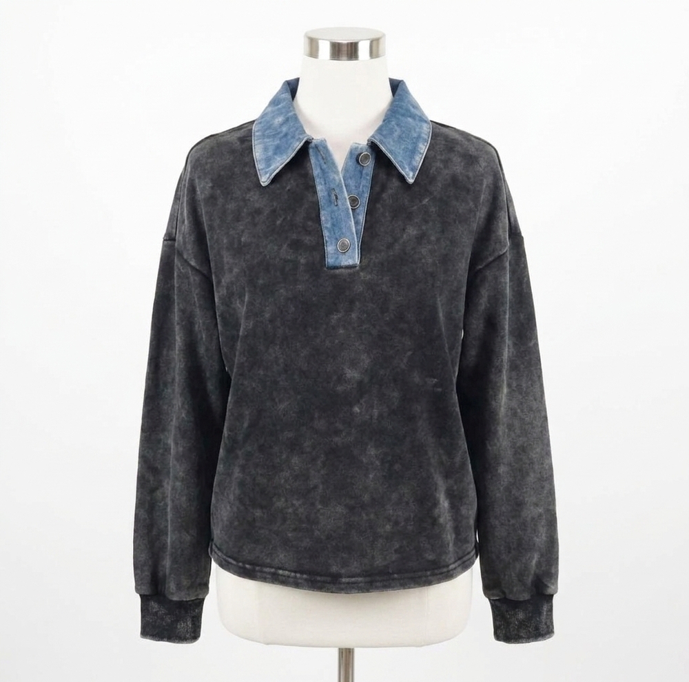 NEW MYSTREE denim collar washed polo shirt in black